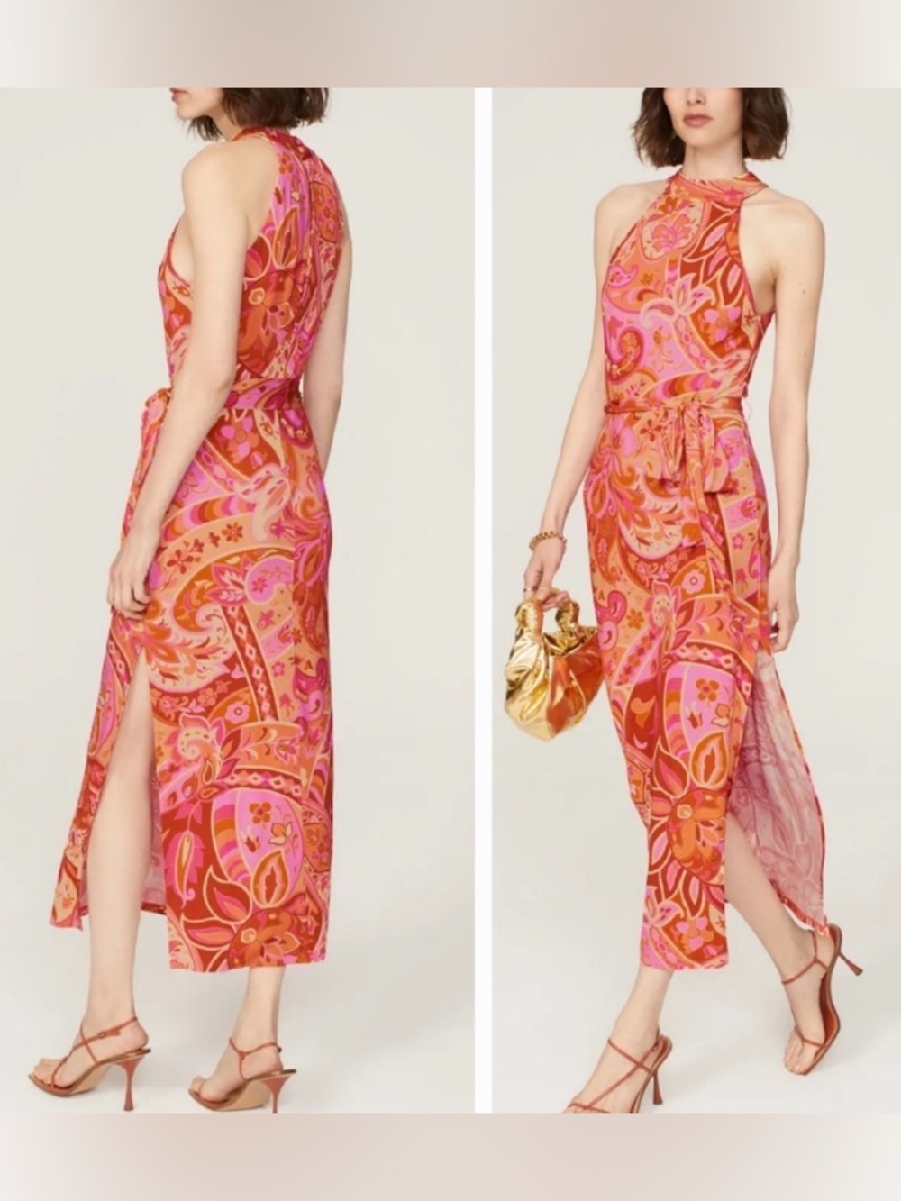 Rixo Celeste Stretch Jersey Paisley Print Halter Neck Side Slit Midi Dress Mediu